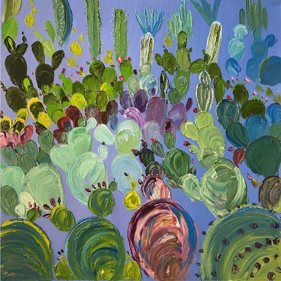 Purple Cactus Desert Garden painting 20x20” Original Oil On Canvas Palette Knife - Picture 7 of 7